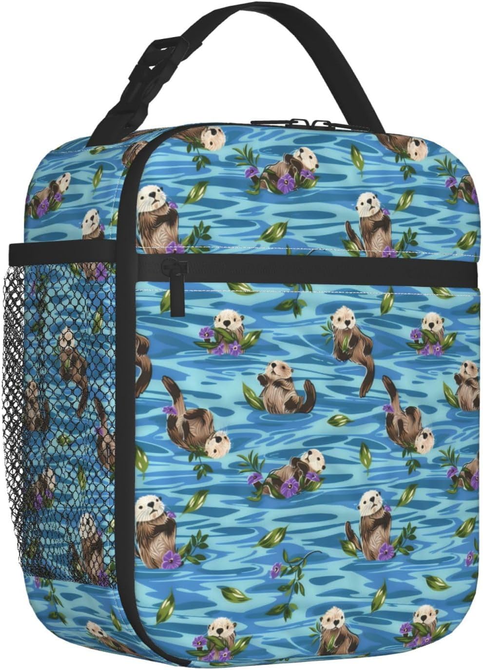 Reusable Sea Otter and Water Lily Lunch Box for Kids Girls Boys Women Adult, Insulated Cute Lunch Bag,Polyester Cooler Handbags Case for School Picnic Work Travel Outdoor Beach or Hiking