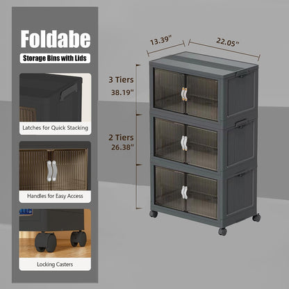 51QT Stackable Storage Bins with Lids & Wheels - Foldable Cabinet Clear Door Plastic Organizer Containers for Home, Garage, Pantry Organization - Collapsible Design Gray 5T