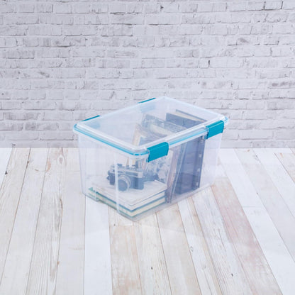 Sterilite 80 Qt Gasket Box, Stackable Storage Bin with Latching Lid and Tight Seal, Plastic Container to Organize Basement, Clear Base and Lid, 1-Pack