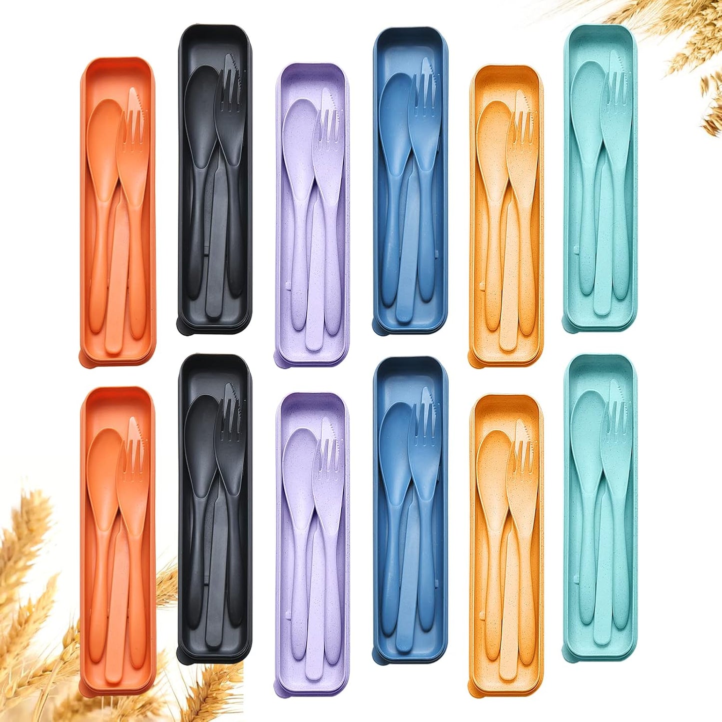 Reusable Travel Utensils Set with Case, 2 Sets Wheat Straw Portable Plastic Fork Spoons Knife Camping Cutlery, Eco-Friendly BPA Free Lunch Tableware for Kids Adults Travel Picnic Utensils