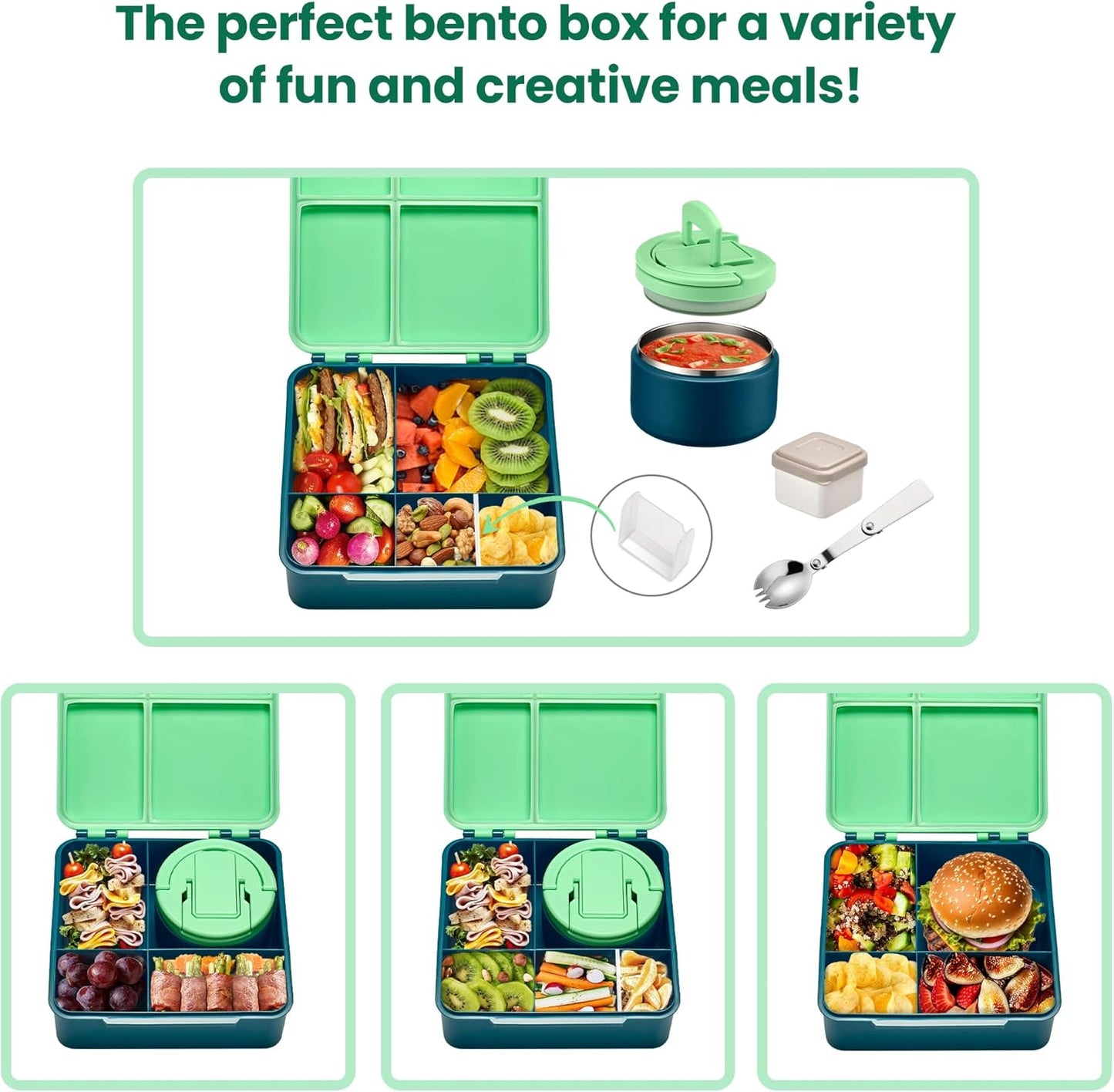 Bento Lunch Box with 8oz Soup Thermo,Kids Leakproof 4 Compartment Lunch Food Containers with Sauce Cup and Ice Pack,Kids Thermo Insulated Hot Food Jar and Lunch Bag for School,Trvael-Black