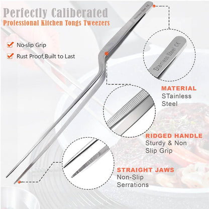 A2Z Offset Kitchen Tweezers, Stainless Steel Precision Tongs For Cooking, Fine Point Serrated Tips Multi-function Cooking Tongs Kitchen Serving Tong, Plates Garnish, Cake Decorating (10 inch)