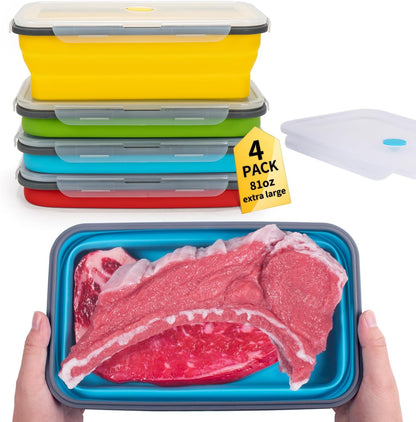 Collapsible Food Storage Containers with Lids, 4 Pack, 40 oz Silicone 1-Compartment Meal Prep Containers Reusable, Lunch Bento Boxes for Adults, Microwave Freezer Dishwasher Safe, BPA-Free, Black