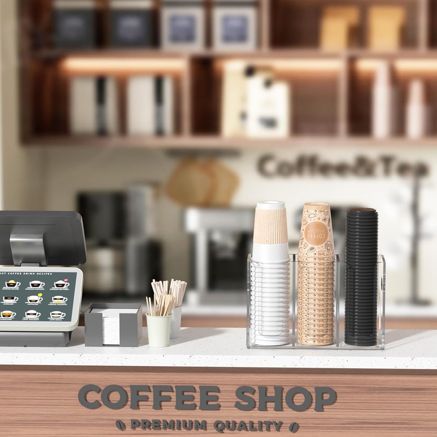 WINFFOR Disposable Cup Organizer Dispenser - 2 Compartments Clear Acrylic Cup and Lid Holder with Handles Plastic Cup Dispenser Countertop Paper Cup Holder for Coffee Bar House Party Essentials