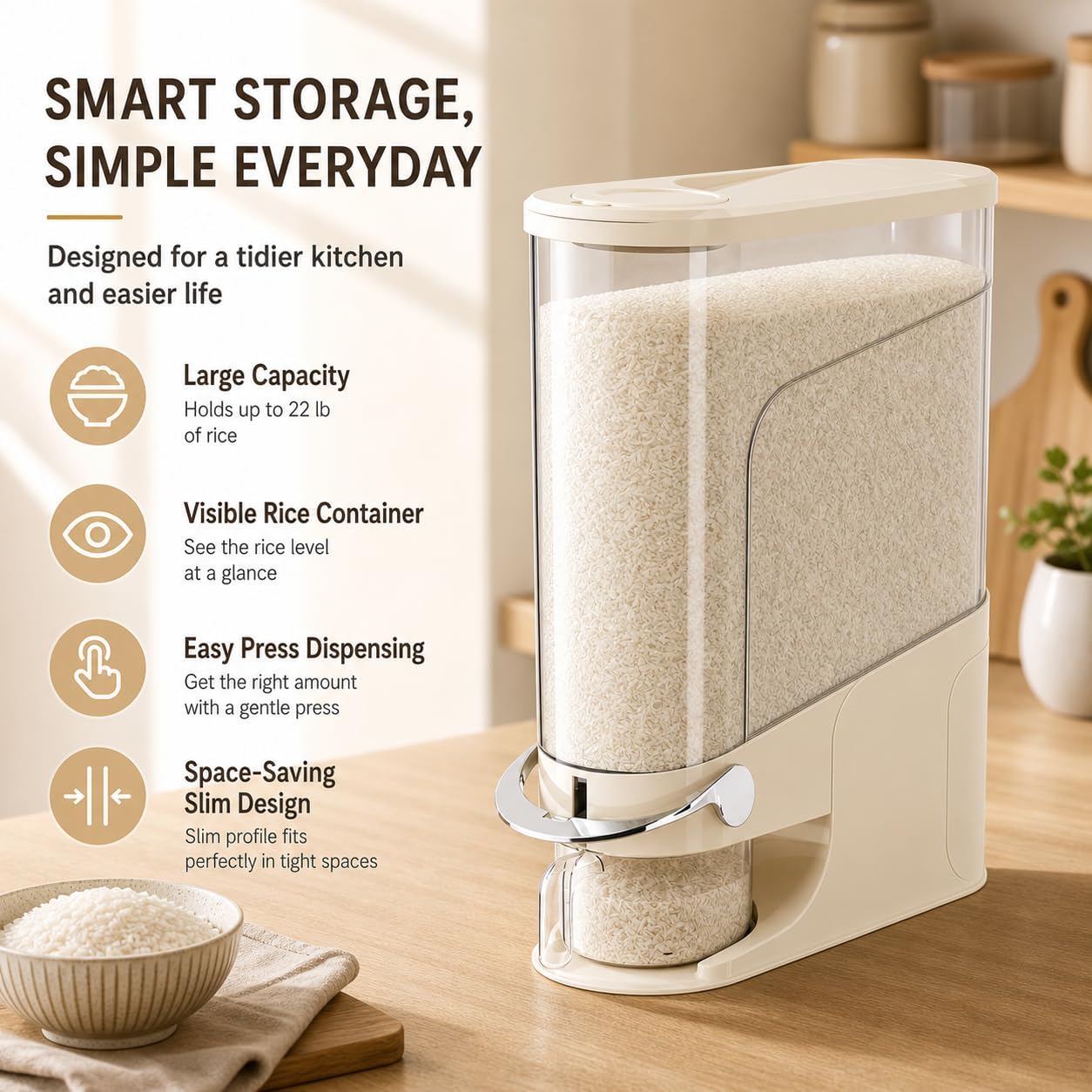 Rice Dispenser 11 Lb, Slim Rice Storage Container with Double Sealing Strip, Press to Dispense Cereal Container Airtight for Kitchen Pantry Organization, (Ivory White-11lb)