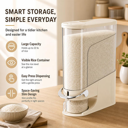 Rice Dispenser 11 Lb, Slim Rice Storage Container with Double Sealing Strip, Press to Dispense Cereal Container Airtight for Kitchen Pantry Organization, (Ivory White-11lb)