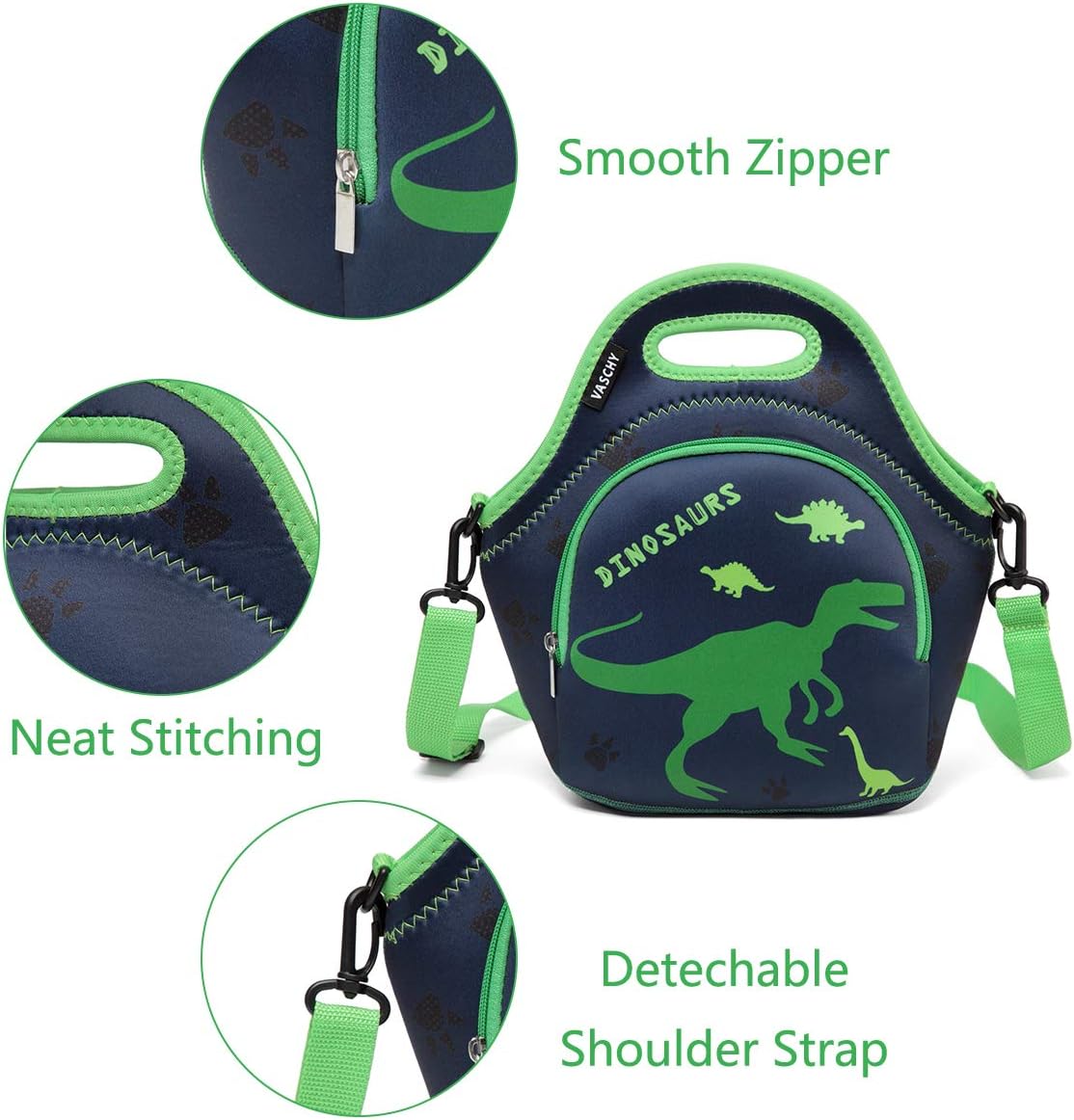 VASCHY Lunch Bag for Kids, Insulated Neoprene Lightweight Lunch Box Bag for Children Boys and Girls School Daycare Kindergarten Dinosaur