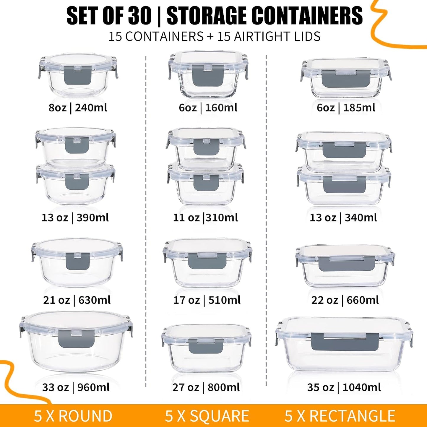 DANALLAN 30Pcs Glass Food Storage Containers with Lids Meal Prep Containers Airtight Leak Proof Bento Lunch Boxes Lunch Containers Sets Microwave Oven Freezer Dishwasher Safe