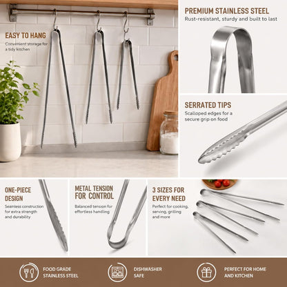 Tongs for Cooking, Long Kitchen Tweezers Set of 3, 18/8 Stainless Steel KitchenTongs with Precision Serrated Non-Slip Tips, Lightweight Durable Tweezer for Frying, Plating & BBQ(9.5"+11.5"+13.5")