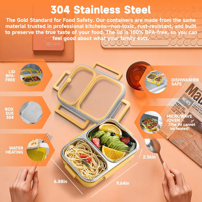 304 Stainless Steel Lunch Box for Kids & Adults - Leakproof 2 Compartment Bento Box (25oz) - Dishwasher Safe Meal Prep Container for School, Office, Outdoor (yellow)