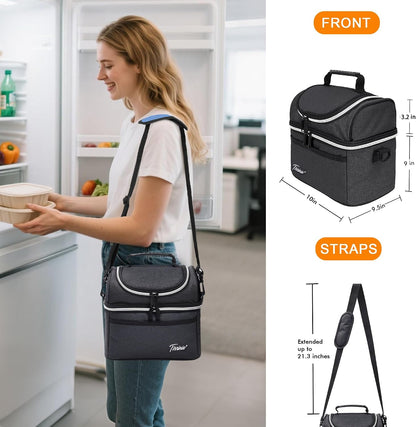 Tirrinia Reusable Lunch Box for Men Women, Insulated Lunch Bag Adult Work, Double Decker Leakproof Lunchbox for Office Picnic Beach—Dual Compartment Lunch Cooler Bag