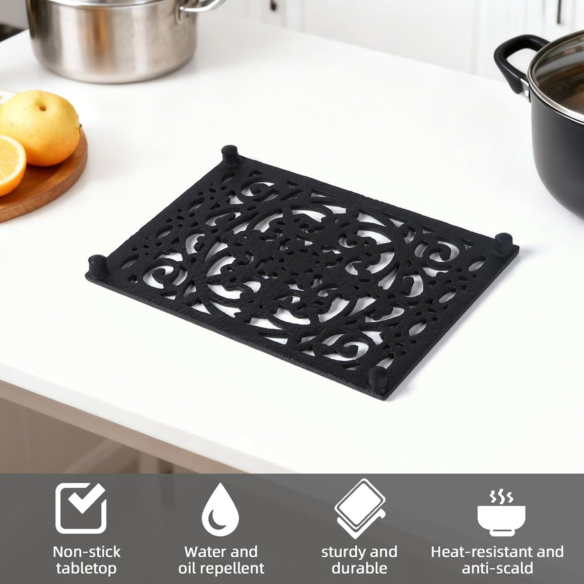 Notakia 9.6 x 6.3 Inch Cast Iron Trivet Set, Large Metal Trivets for Hot Dishes Pots Pans Decorative Kitchen Trivets, Heat-Resistant Trivet Mats for Quartz Countertops, Green Kitchen Accessories