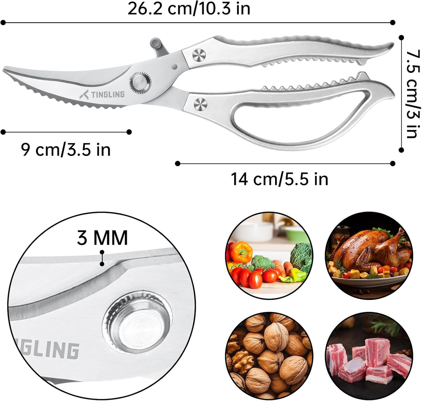 Kitchen Scissors for Food All Purpose: Heavy Duty Poultry Shears for Chicken Bone and Meat, Stainless Steel Cooking Scissors