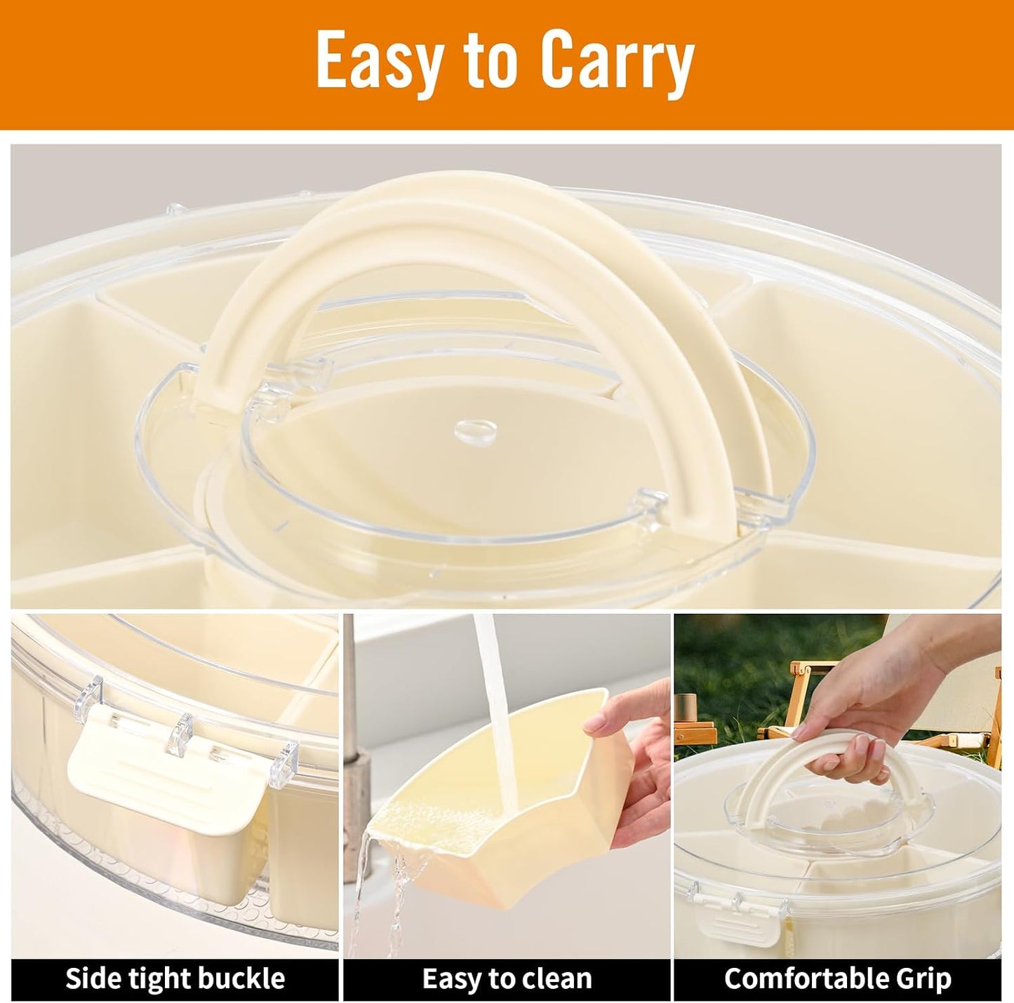 Dishwasher Safety -Divided Rotating Serving Tray with Lid and Handle,Portable Snackle Box for Fruits Snacks Charcuterie,Clear Organizer and Fridge Storage Container,Veggie Platters for Adults Child