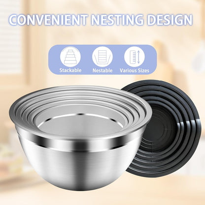 Mixing Bowls with Airtight Lids Set, 5 PCS Stainless Steel Khaki Nesting Bowls for Kitchen, Large Prep Metal Mixing Bowls for Kitchen, 5.5/4/3.5/2/1.5 QT for Mixing & Serving