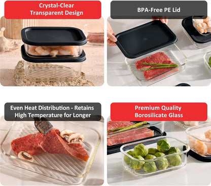EATEX 7 Pack Glass Meal Prep Containers with Grooved Base, 7 Stackable BPA Free Glass Storage Containers with Lids for Lunch, Pantry, and Kitchen - Microwave, Dishwasher Freezer & Oven Safe - Sage