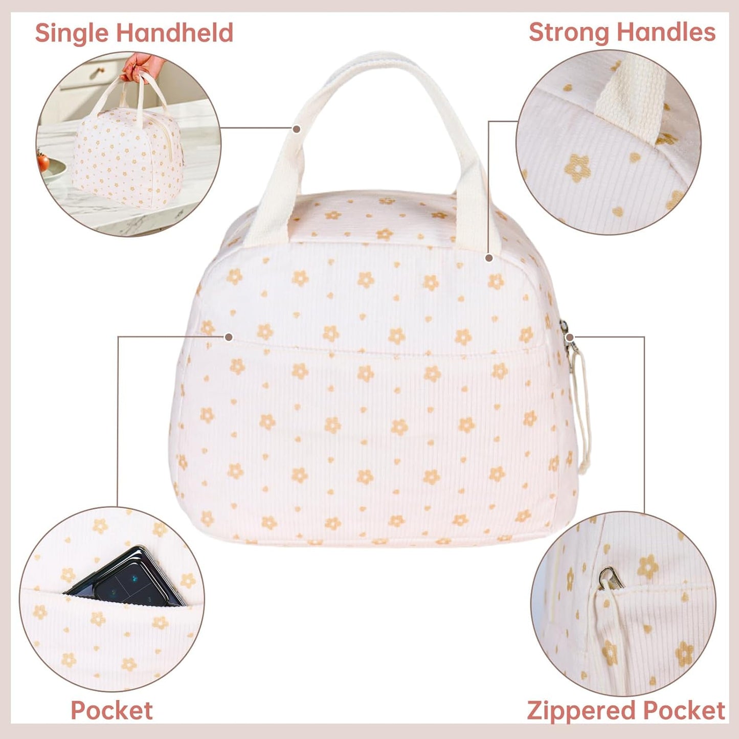 Lunch Bag for Women Men Girl,Large Cute Corduroy Lunch Tote Bags - Reusable Insulated Lunch Box for women with Handle, Leakproof WaterProof Design for Office, School, Work,Picnic.