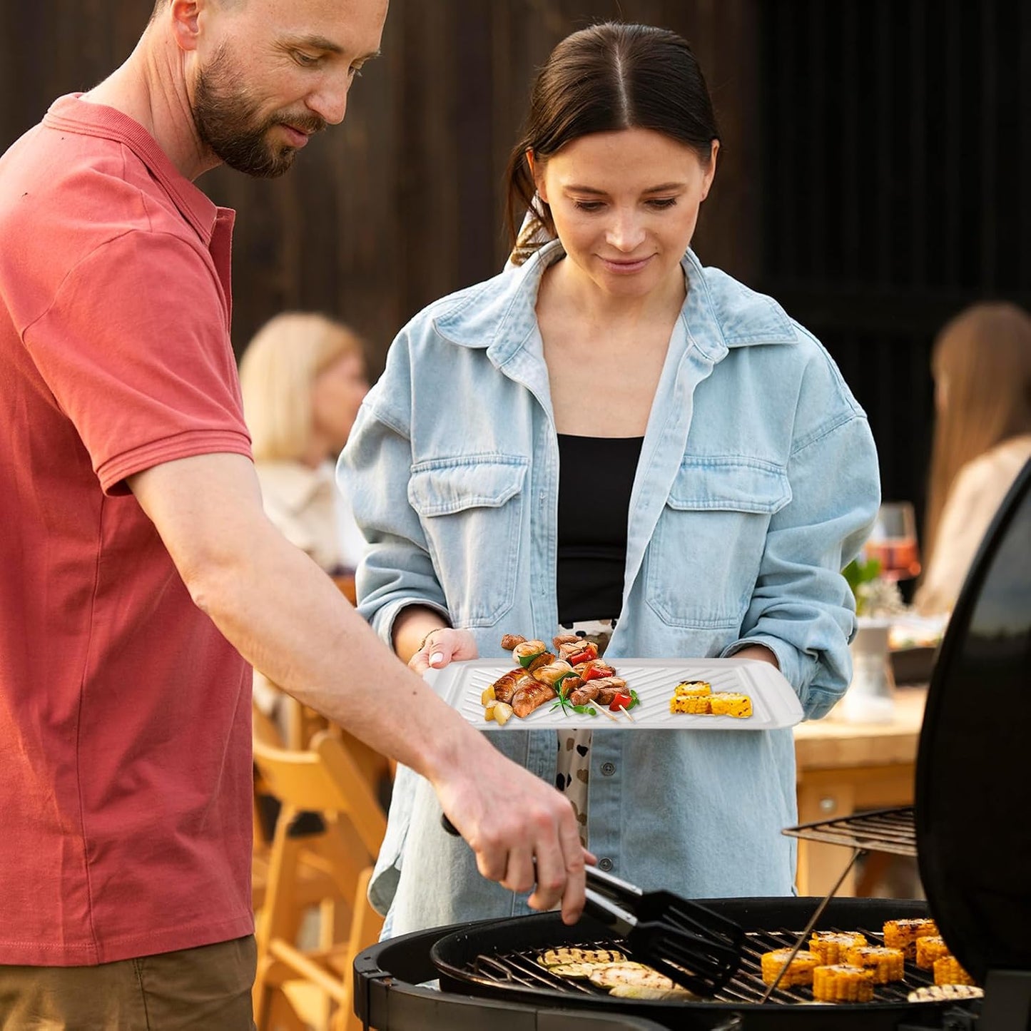 LEHAHA Grilling Prep Trays, Melamine BBQ Prep and Serving Platters and Tray for Outdoor Entertaining, Large Food Serving Trays, Set of 2, 17.2" x 10.5",Great for Grilling Lovers,Black and Red