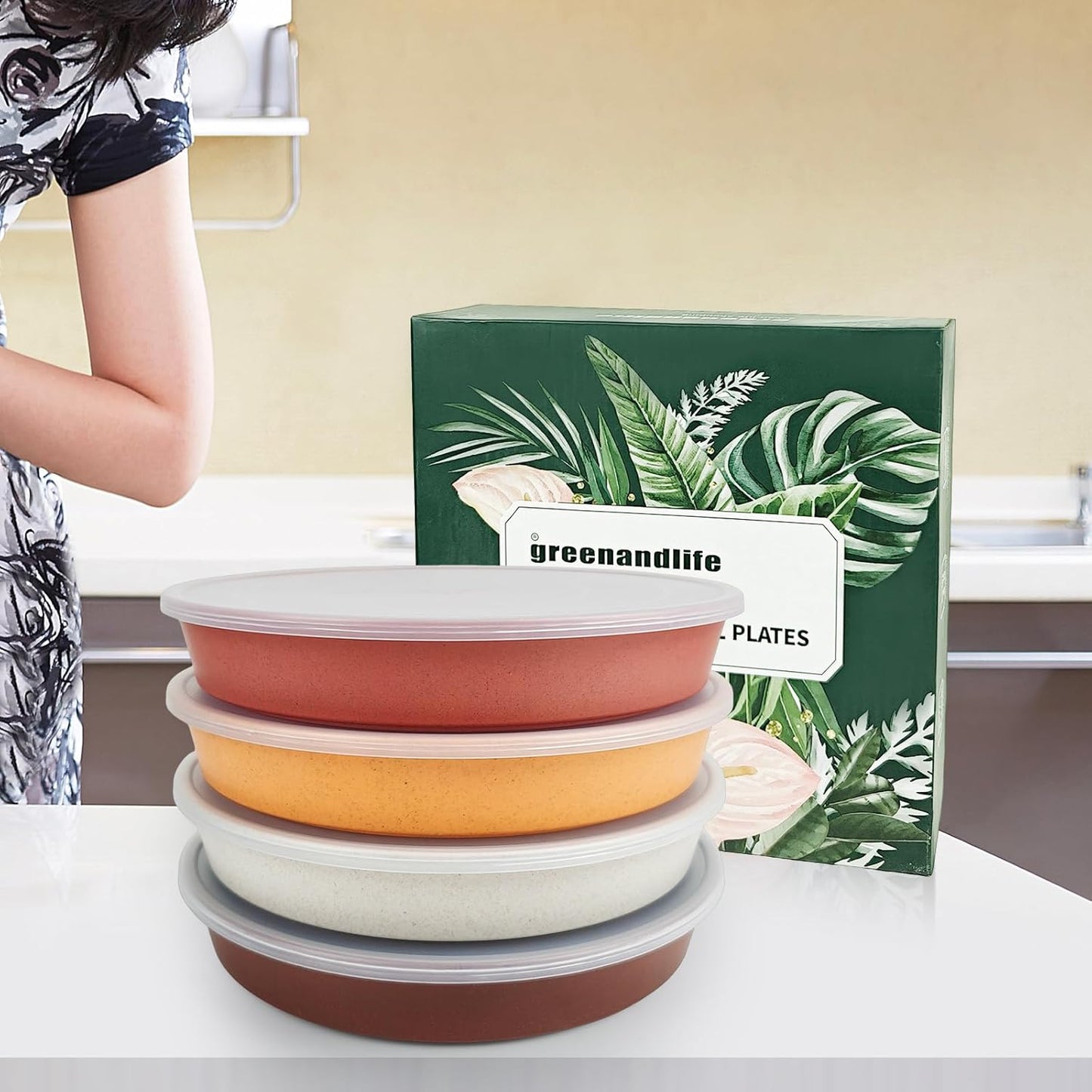 greenandlife 9 Inch 4PCS Portion Control Plates with Lids, Divided Plates for Kids Adults, Dishwasher Microwave Safe Compartment Plate, Unbreakable Lightweight Reusable Wheat Straw Plate, Earth Tone