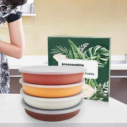 greenandlife 9 Inch 4PCS Portion Control Plates with Lids, Divided Plates for Kids Adults, Dishwasher Microwave Safe Compartment Plate, Unbreakable Lightweight Reusable Wheat Straw Plate, Earth Tone