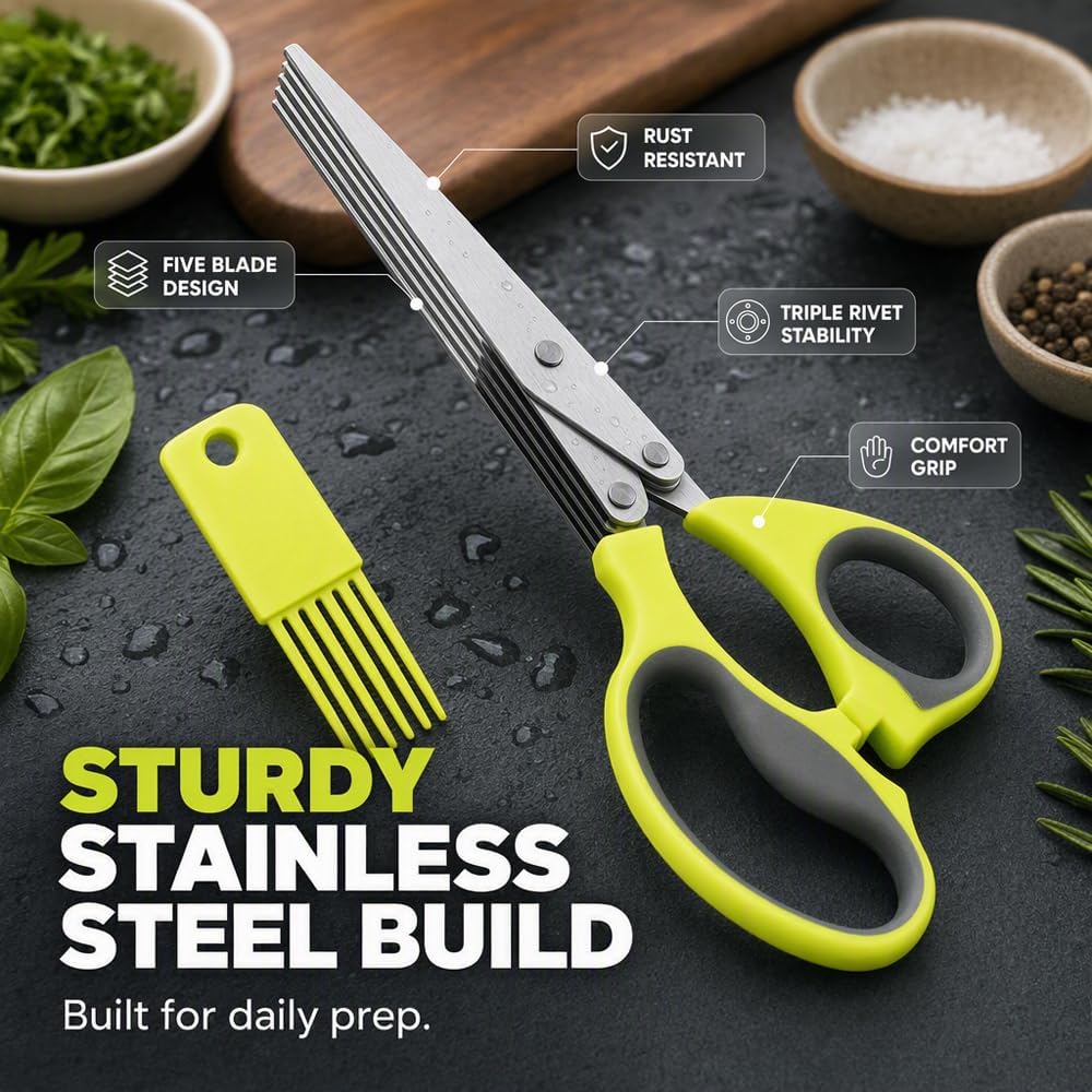 Herb Scissors, 5 Blade Kitchen Scissors with Cleaning Comb