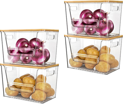 Delamu 2 Set Pantry Organizers and Storage, Trash Bag Holder Under Sink Organizer for 4-13 Gal Bags, Trash Bag Dispenser with Bamboo Top for Onion, Potato, Garlic, Clear (11-7/32"L*7" W*7-1/8"H)