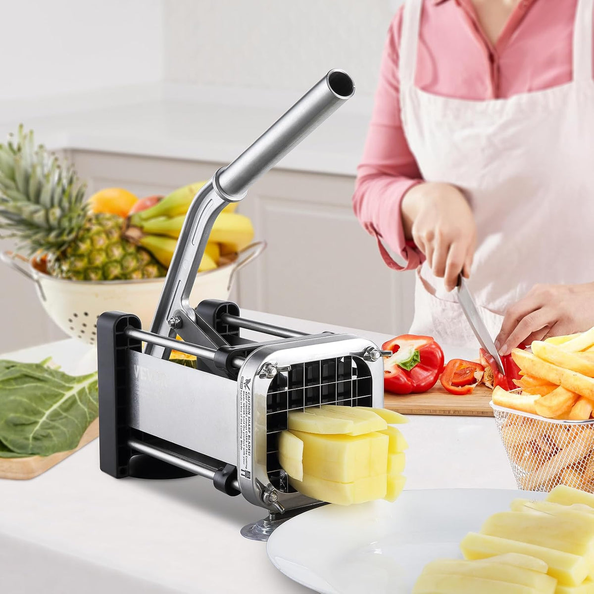 VEVOR French Fry Cutter, Potato Slicer with 1/2", "3/8", "1/4 Stainless Steel Blades, Manual Potato Cutter Chopper with Suction Cups, Great for Potato, French Fries, Cucumber, Vegetables, Carrot