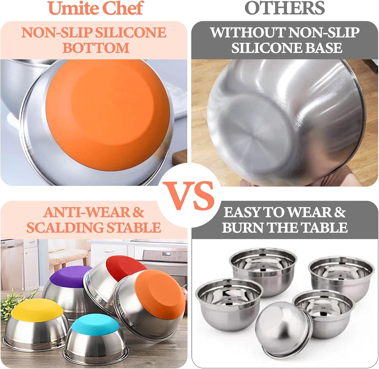 Umite Chef Mixing Bowls with Airtight Lids Set, 8PCS Stainless Steel Nesting Bowls with Grater Attachments, Non-Slip Bottoms, 5, 4, 3.5, 2, 1.5QT for Mixing & Serving