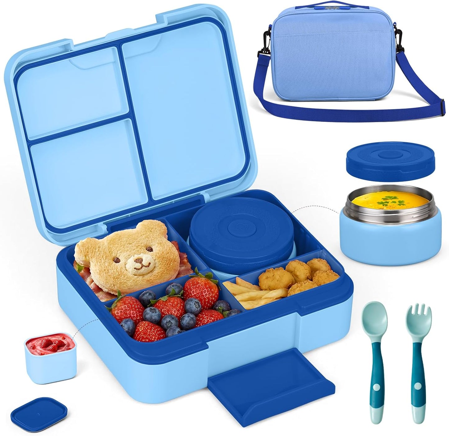Bento Box Set with 9.5oz Soup Thermo Kids Leak-proof Lunch Box Container with 4 Compartment Stainless Steel Insulated Hot Food Jar with Bag for School Travel - Pink