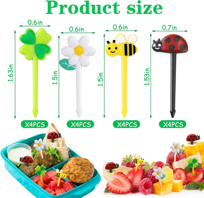 AIERSA Food Picks for Kids Bento Box, 16Pcs Reusable Bees, Daisy, Four Leaf Clover, Ladybug Food Fruit Picks, Lunch Bento Box Accessories for Kids