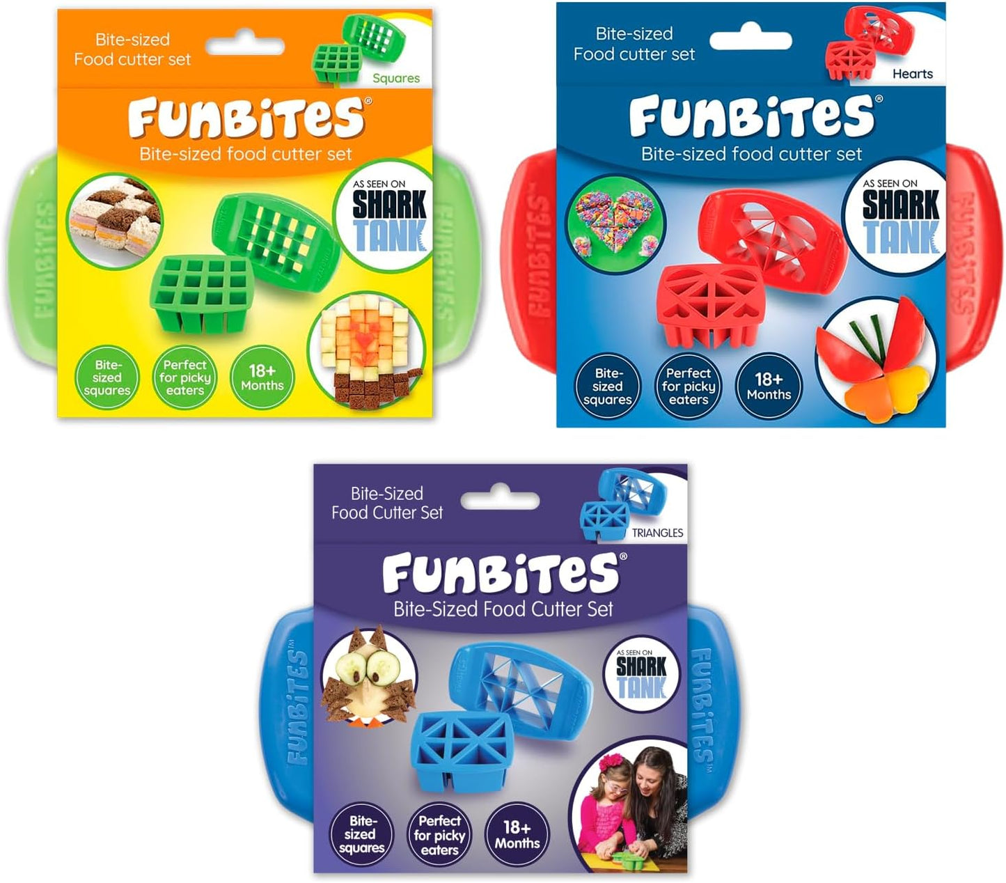 FUNBITES Crustless Sandwich Cutter for Kids Lunch, Uncrustable Sandwich Cutter (6-piece set), Bite-Size Food Cutter for Toddlers, Bento Box Accessories, Dishwasher Safe, Squares/Hearts/Triangles 3pk