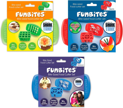 FUNBITES Crustless Sandwich Cutter for Kids Lunch, Uncrustable Sandwich Cutter (6-piece set), Bite-Size Food Cutter for Toddlers, Bento Box Accessories, Dishwasher Safe, Squares/Hearts/Triangles 3pk