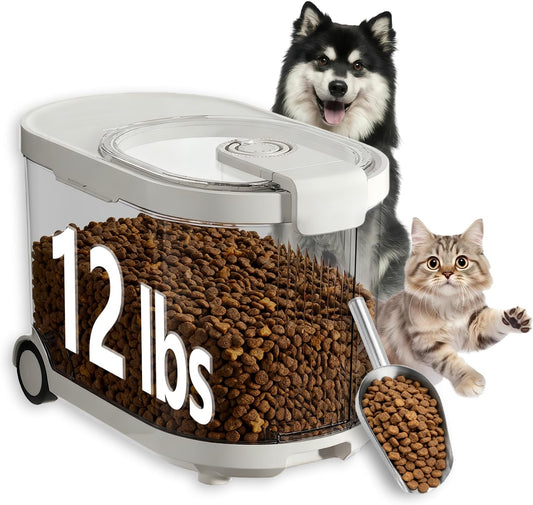 Airtight Dog Food Storage Container with Desiccant Chamber,Cat Food Storage with Timer,Wheels & Scoop,7 Liter,10-12 lbs/7 kg,for Small Dog,Cat & Bird Feed,Clear BPA-Free Slim Rolling Bin with Lid
