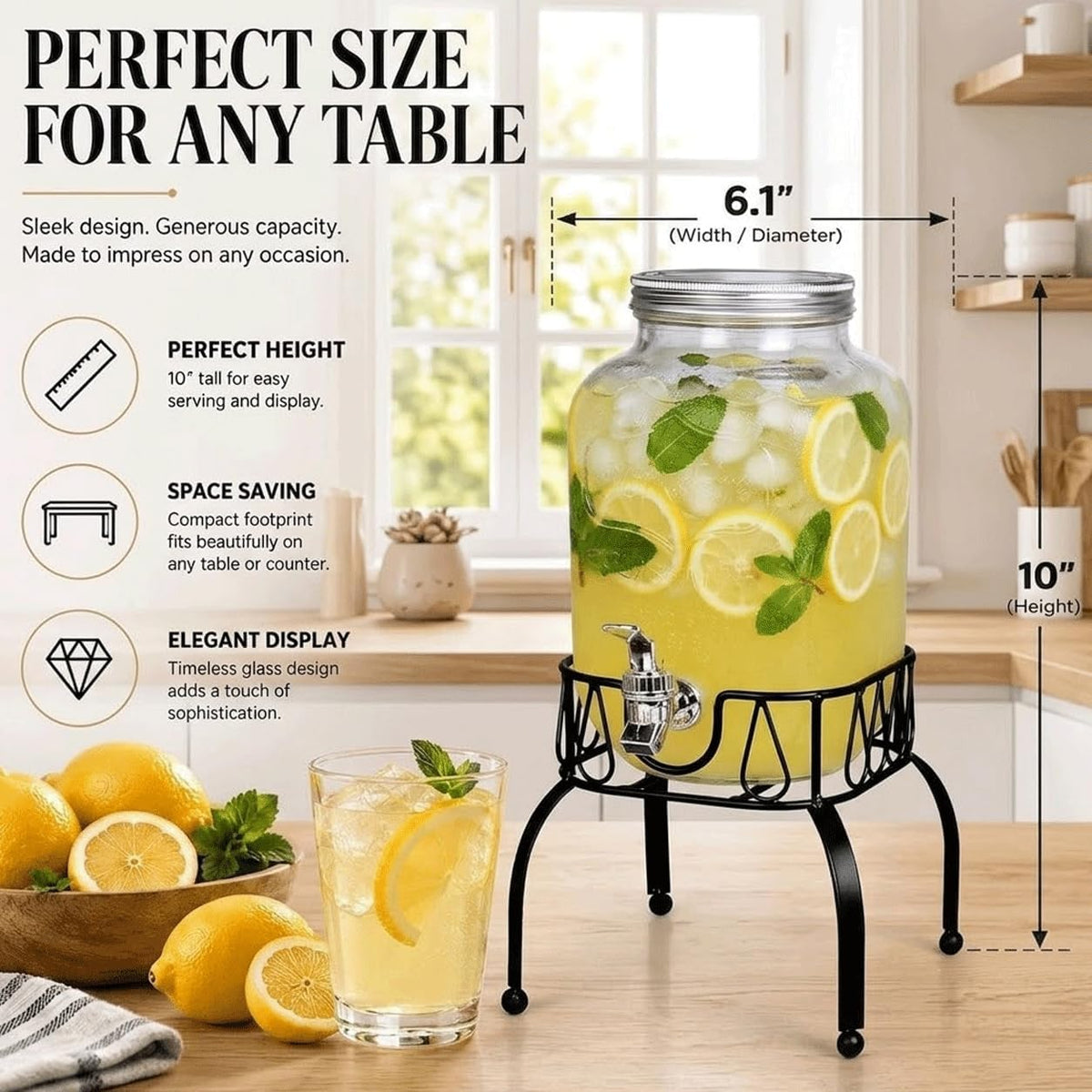 Estilo Gallon Drink Dispenser with Stand - Glass Beverage Dispenser with Stand for Weddings - Sun Tea Jar with Spigot 1 Gallon - Countertop Glass Water Dispenser for Lemonade and Parties