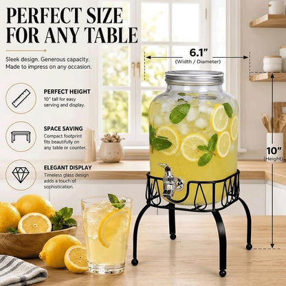 Estilo Gallon Drink Dispenser with Stand - Glass Beverage Dispenser with Stand for Weddings - Sun Tea Jar with Spigot 1 Gallon - Countertop Glass Water Dispenser for Lemonade and Parties