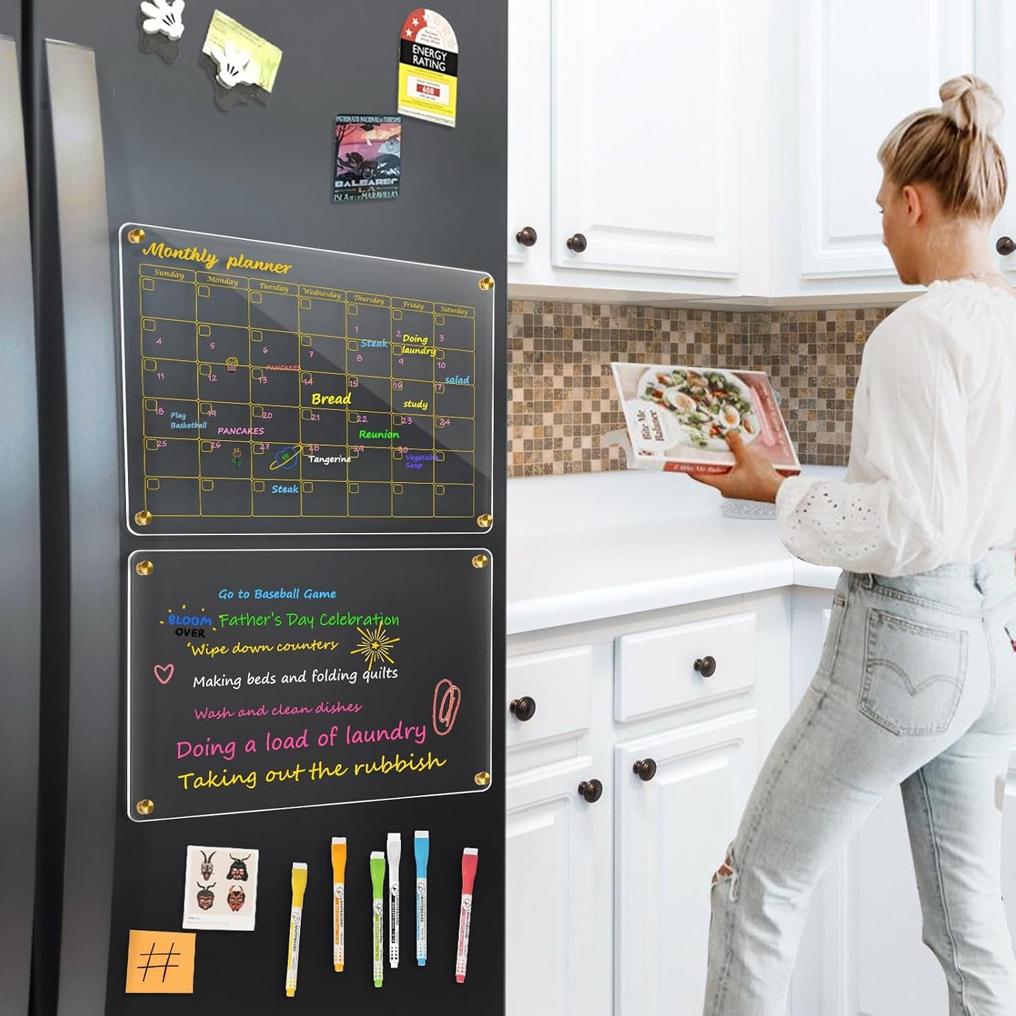 WALGLASS Acrylic Calendar for Fridge, 8.5"x11" Gold Weekly Clear Acrylic Magnetic Dry Erase Board for Refrigerator, Set of 2 Stronger-Magnetic Reusable Fridge Planner, Includes 8 Liquid Chalk Markers
