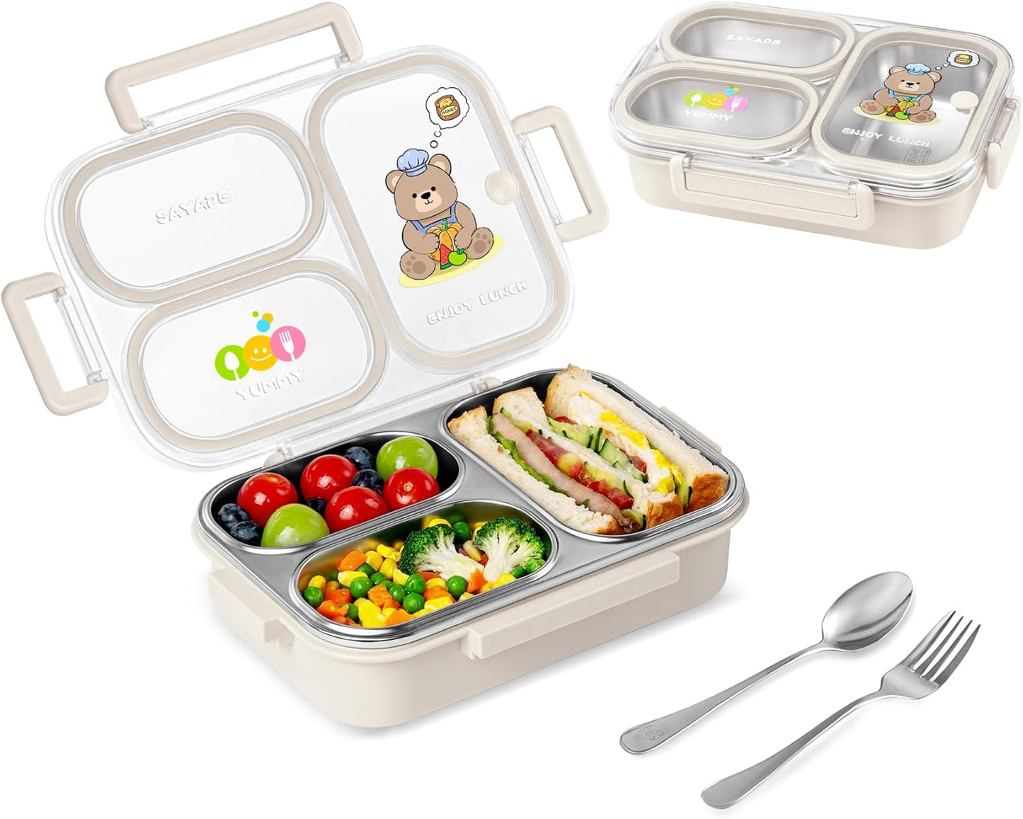 SAYAPE Stainless Steel Bento Lunch Box for Kids, 26.4 oz Leak-Proof 3-Compartment Metal Bento Box, BPA-Free, Cute Cartoon Meal Prep Snack Container with Utensils for School, Office, Travel - Beige