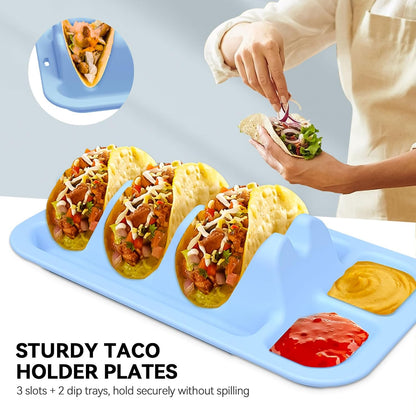 Silicone Taco Plates Holder Set of 2 - Reusable Taco Plates with Dividers & Dip Bowls, Holds 3 Tacos Stand | Microwave & Dishwasher Safe, Heavy Duty Non-slip Taco Tray Stands for Hard/Soft Shells