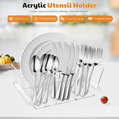 Acrylic Utensil Caddy.Silverware Organizer & Utensil Holder-Heavy-Duty Countertop Cutlery Caddy for Spoons, Forks, Knives, Napkins, Plates | Space-Saving Table, Buffet, Picnic Party Essential