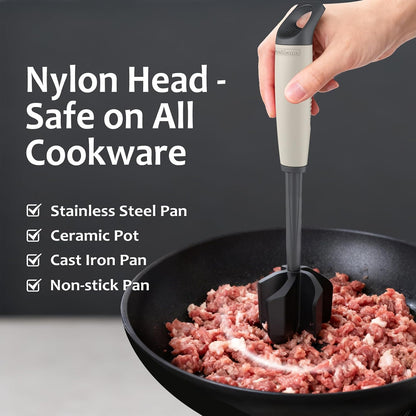 Ourokhome Meat Chopper and Potato Masher, Heat Resistant Nylon Ground Beef Smasher for Hamburger, 5 Curved Blades Nonstick Safe Mixer & Stirrer, Practical Kitchen Gadgets, Mint