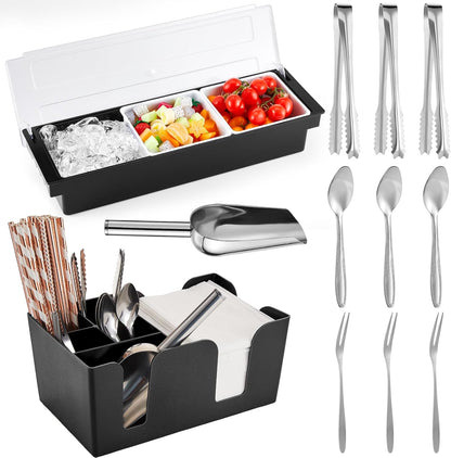 Tessco for you Garnish Tray with Lid Bar Caddy Ice Cooled Condiment Serving Container with Ice Scoop Metal Mini Serving Tongs Fruit Fork Spoons for Food Home Party Kitchen(Plastic,6 Grids)