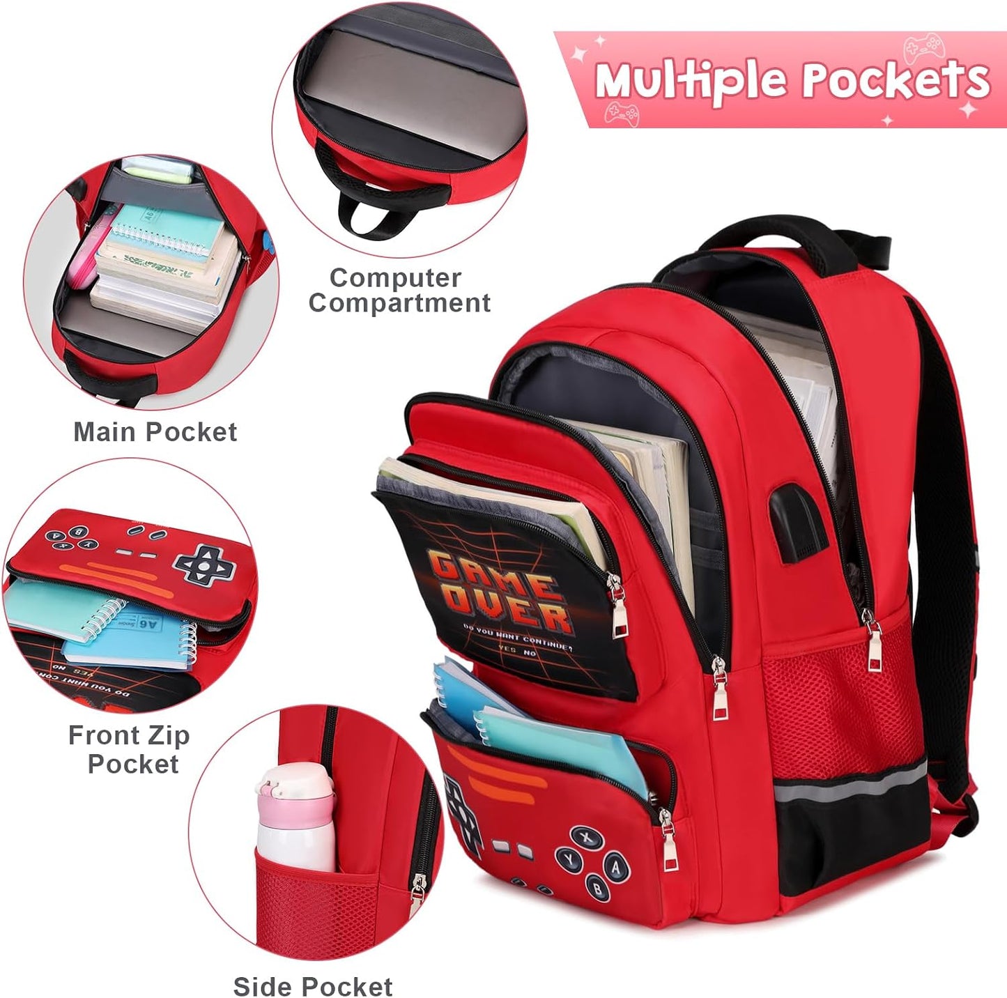 ACESAK Game luminous Boys Backpack - Bento Box with Insulated Lunch Bag Pencil Case, Utensils Set for Kids, 6 Leakproof Compartments Removable Tray Lunches or Snack Container (Blue)