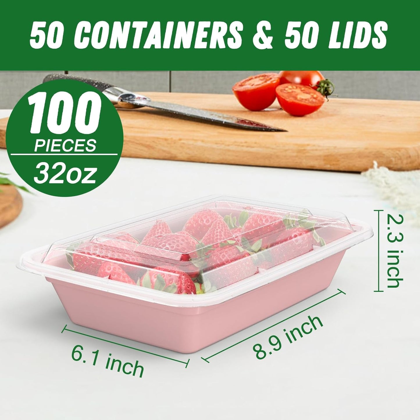 50 Pack (100-Piece) 32 oz Meal Prep Containers Reusable with Easy Open Lids, Sturdy Leakproof Food Safe, Microwave Freezer Dishwasher Safe, To Go Take Out Plastic Food Storage Pans with Lids, Black