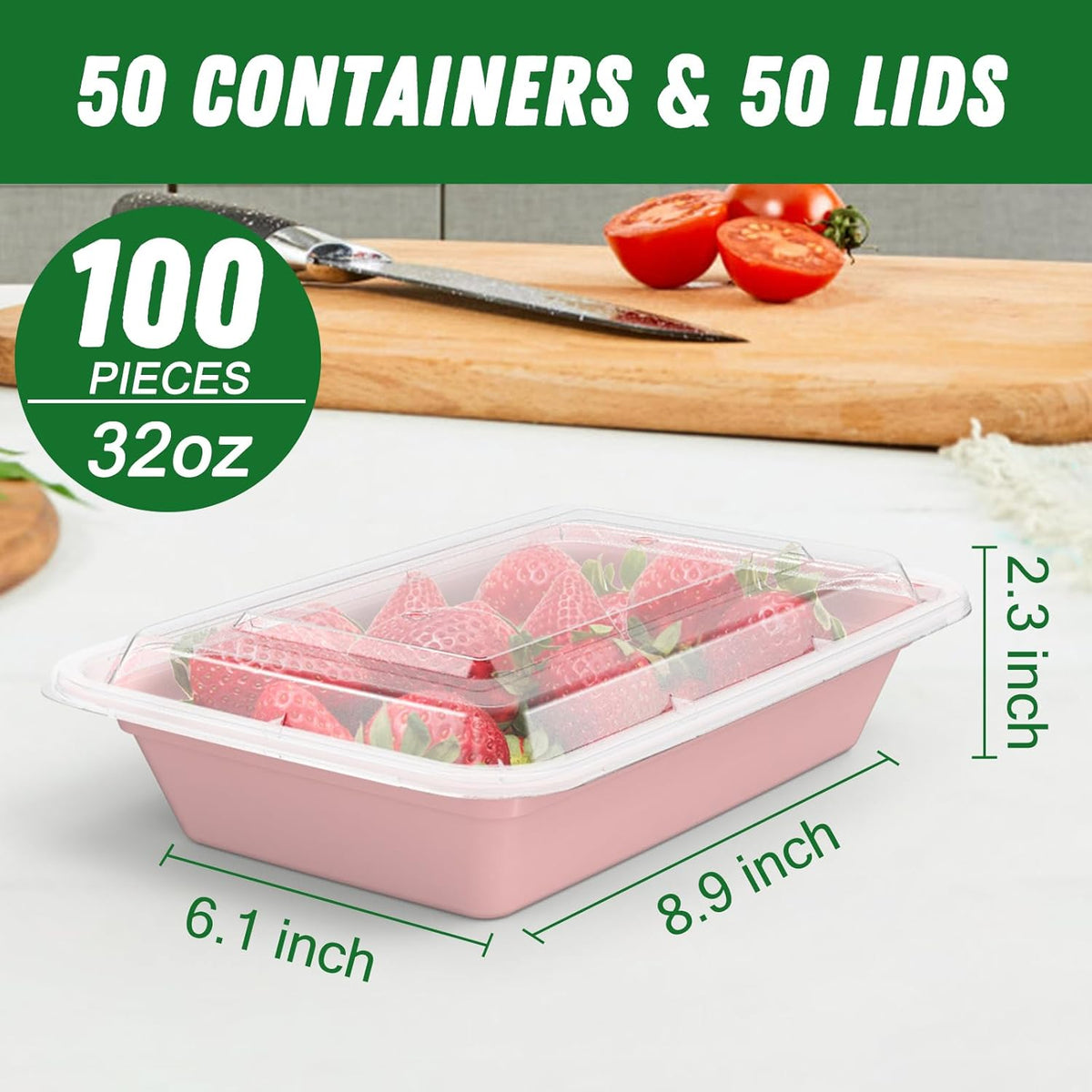50 Pack (100-Piece) 32 oz Meal Prep Containers Reusable with Easy Open Lids, Sturdy Leakproof Food Safe, Microwave Freezer Dishwasher Safe, To Go Take Out Plastic Food Storage Pans with Lids, Black