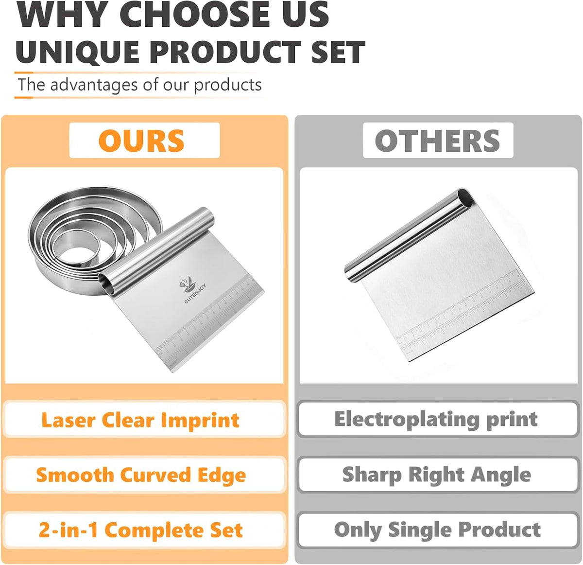 Bench Scraper with 6-Piece Round Cookie Cutters Set, Stainless Steel