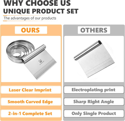 Bench Scraper with 6-Piece Round Cookie Cutters Set, Stainless Steel