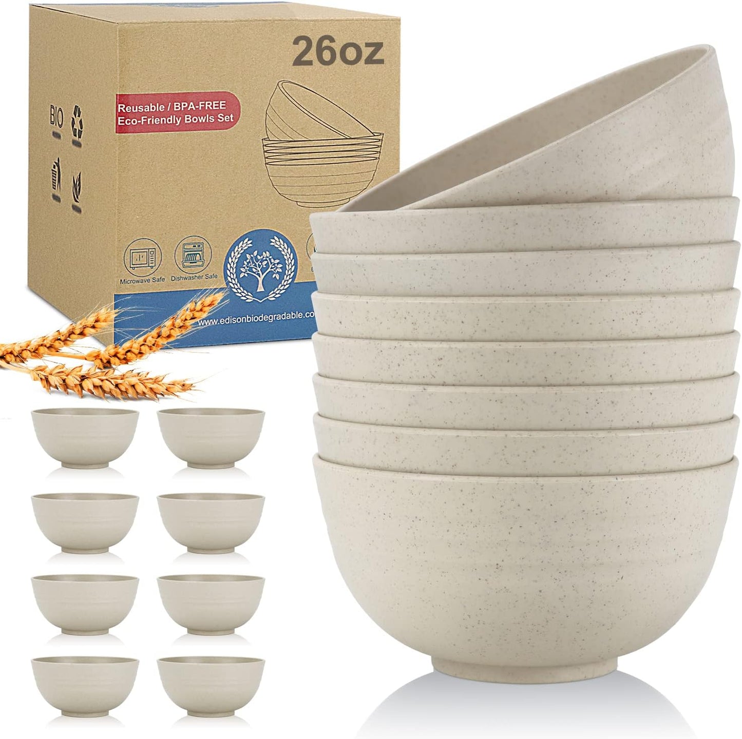 Wheat Straw Bowl Sets,8 PCS Unbreakable Cereal Bowl 26 OZ,Microwave and Dishwasher Safe Bowls,Bowl Sets for Camping and Picnic BPA Free Colorful Salad Bowls for Serving Soup,Oatmeal and Fruit Etc…
