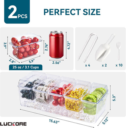 Chilled Condiment Tray Server with 5 Small Containers and Removable Compartments, Ice Chilled Condiment Organizer, Clear Garnish Serving Platter for Fruit, Salad, Food, Outdoor Events, Picnics