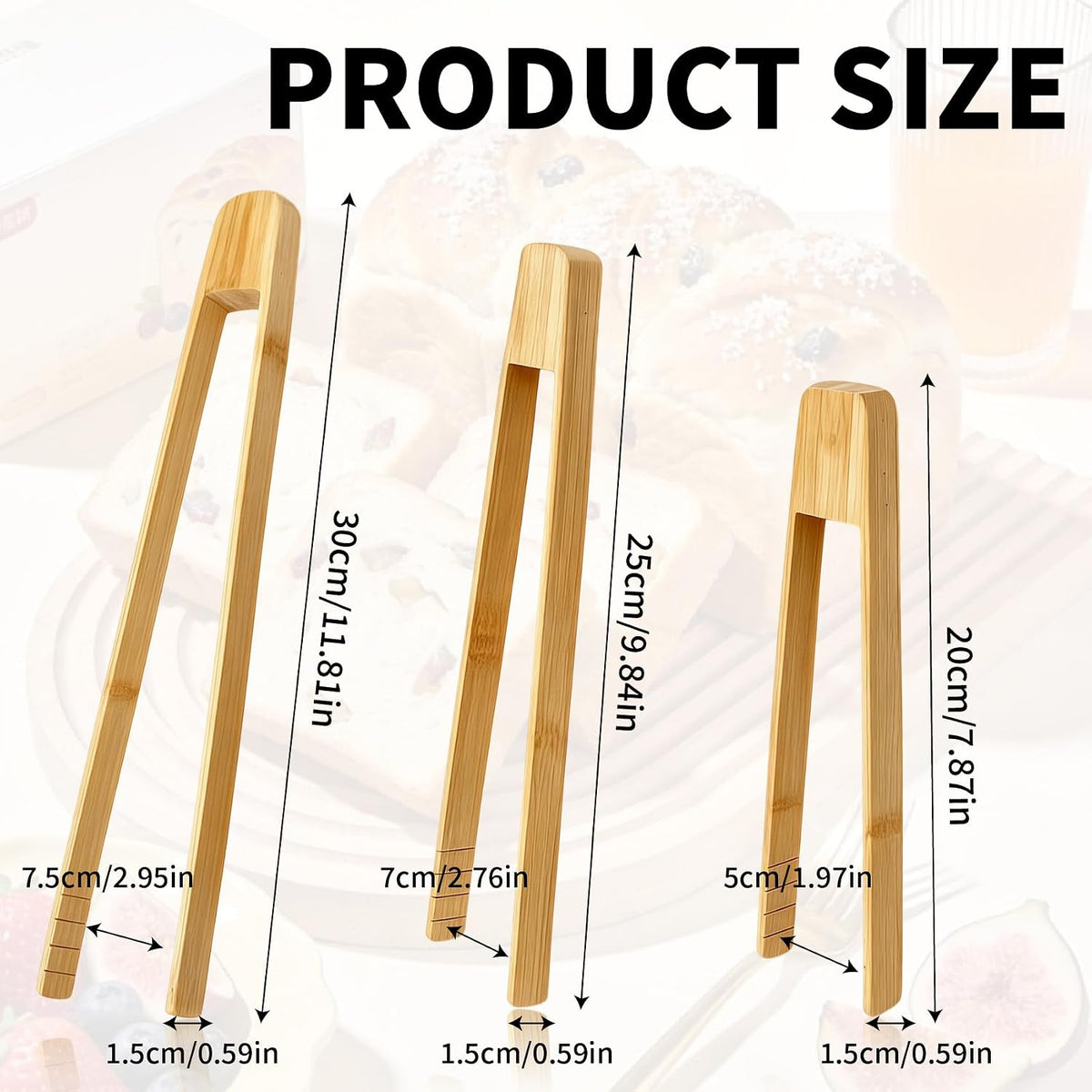 3 Pack Bamboo Toast Tongs, 8 10 12 Inch Wooden Toaster Tongs with Anti-Slip Design, Kitchen Tongs for Cooking Salad Bread Food Serving