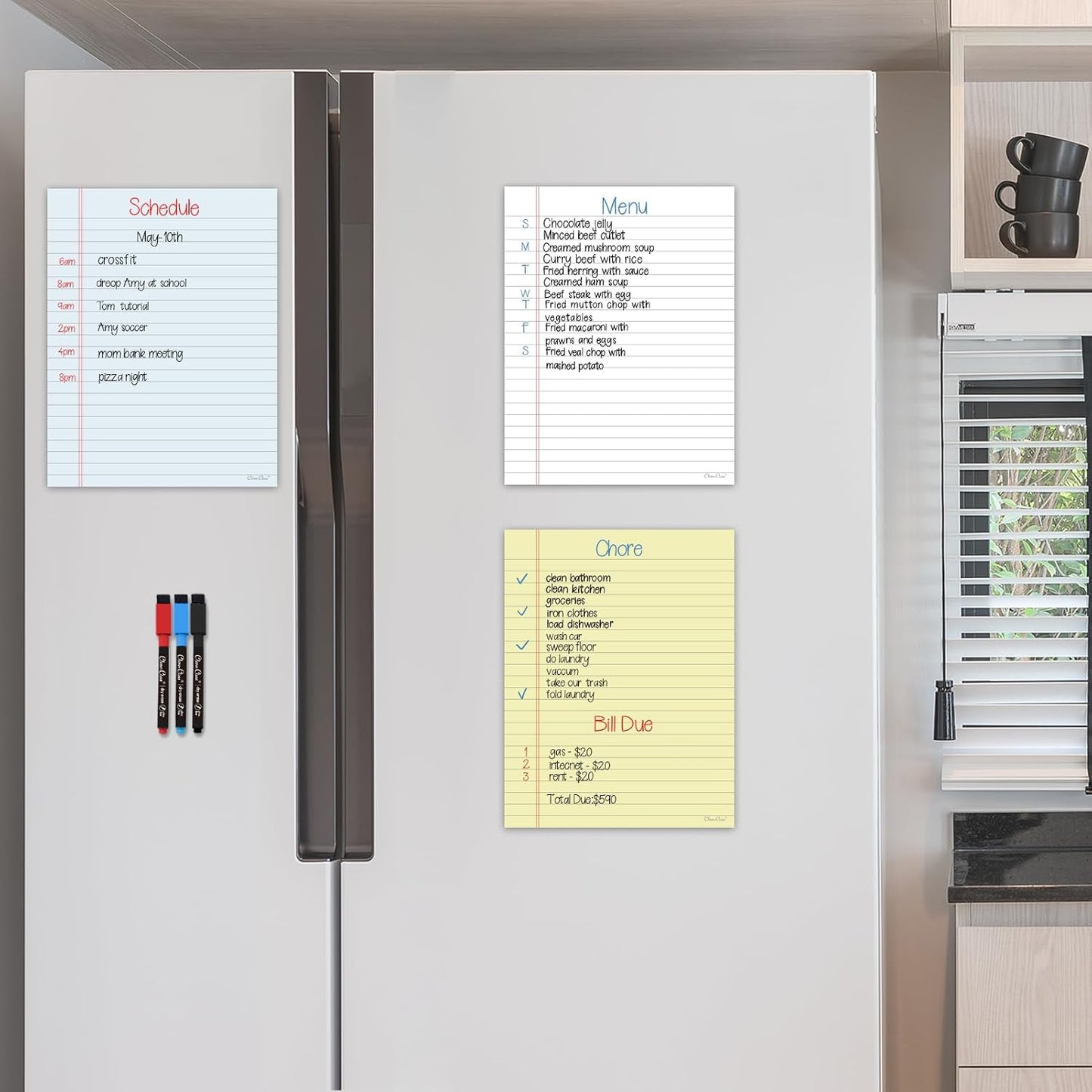 Magnetic Dry Erase Board - 8.5”x11” Dry Erase Whiteboard in 3 Colors - Reusable Blank Whiteboard for Fridge – 6 Dry Erase Markers Included